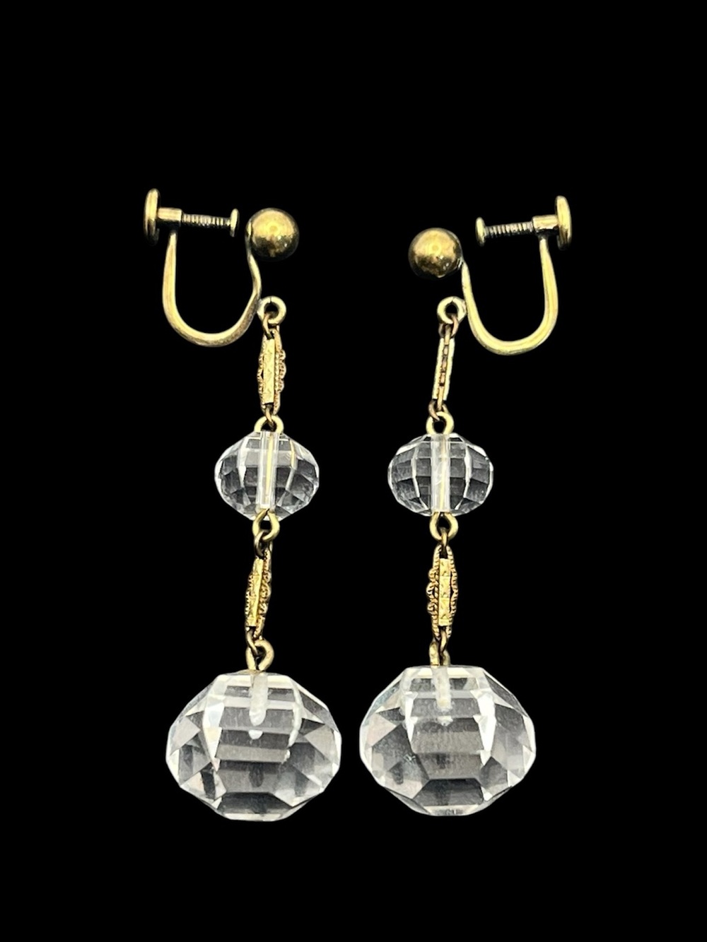 Faceted crystal bead gold tone filigree chain dangle screw back vintage earrings